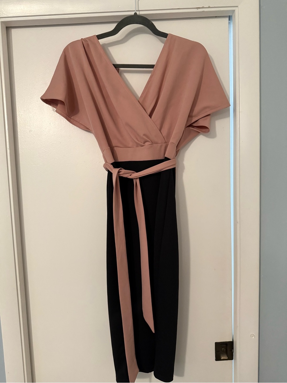Grace Karin Blush Pink and Black Two-Tone Wrap Midi Dress